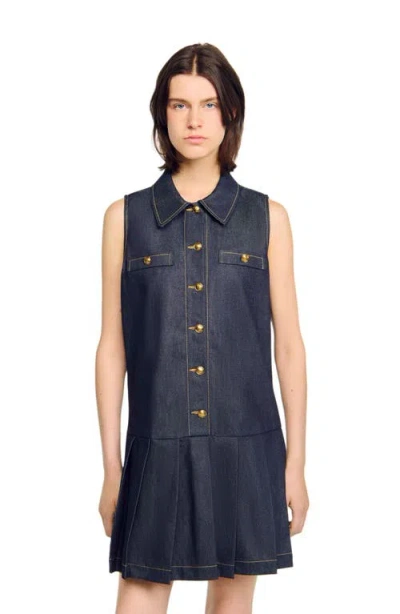 Sandro Button Front Mini Denim Dress In Blue