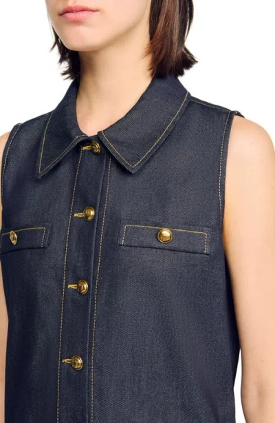 Sandro Button Front Mini Denim Dress In Blue
