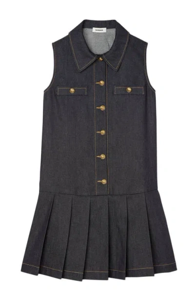 Sandro Button Front Mini Denim Dress In Blue