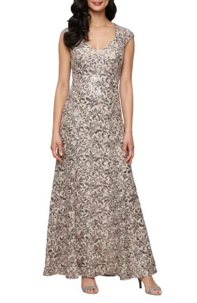 Alex Evenings Sequin Corded Lace Sleeveless Gown In Neutral