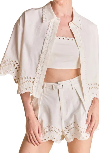 Endless Rose Cotton & Linen Eyelet Button-up Shirt & Strapless Top Set In Neutral