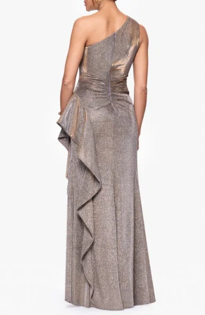 Xscape Evenings Galaxy One-shoulder Ruffle Detail Glitter Knit Gown In Brown