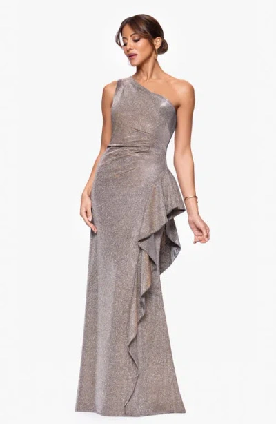 Xscape Evenings Galaxy One-shoulder Ruffle Detail Glitter Knit Gown In Brown