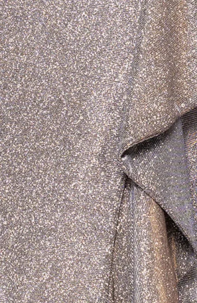 Xscape Evenings Galaxy One-shoulder Ruffle Detail Glitter Knit Gown In Brown