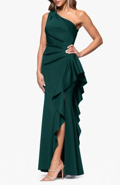 Xscape Evenings One-shoulder Ruffle Scuba Crepe Gown In Green