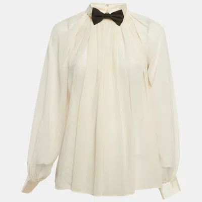 Pre-owned Elisabetta Franchi Beige Bow Tie Chiffon Blouse S In Sand