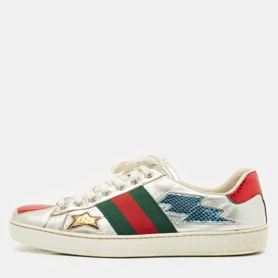 Pre-owned Gucci Silver Leather And Python Embossed Leather Ace Lace Up Sneakers Size 39.5
