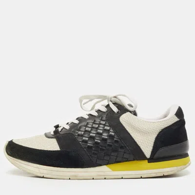 Pre-owned Bottega Veneta White/black Intrecciato Leather And Suede Lace Up Sneakers Size 42