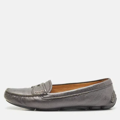 Pre-owned Prada Dark Grey Saffiano Leather Slip On Loafers Size 38 In Gray
