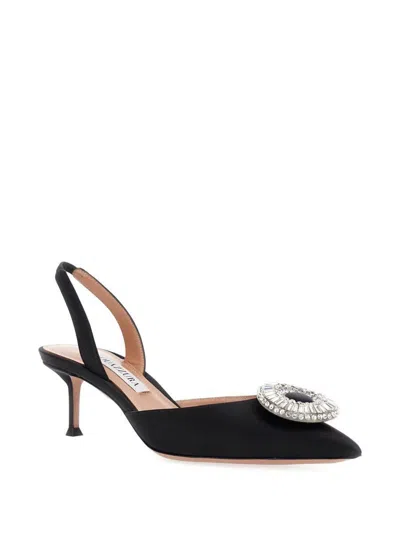 Aquazzura Crystal Hoop Black Slingback Pumps With Rhinestoned Embellishment And Kitten Heel In Tech Fabric Wom In Multi