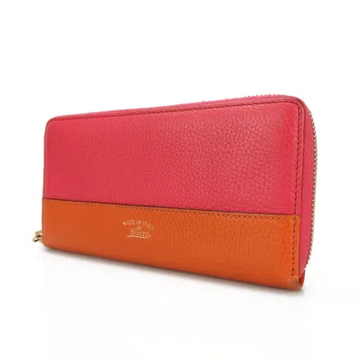 Pre-owned Gucci Bamboo Orange Pink Leather Long Wallet (bi-fold) () In Multi