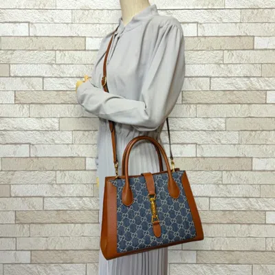 Pre-owned Gucci Blue Brown Denim Leather Shoulder Bag ()