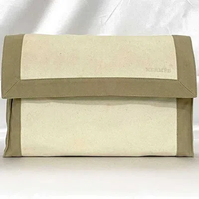 Pre-owned Hermes Beige White Cotton Canvas Clutch Bag Pouch ()