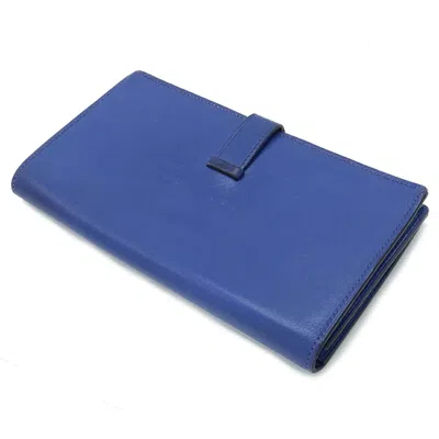 Pre-owned Hermes Blue Electric Box Calf Leather Long Wallet (bi-fold) ()