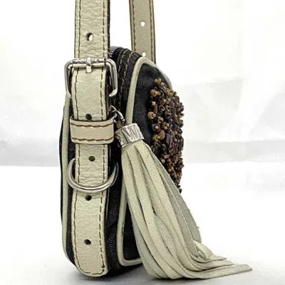 Pre-owned Loewe Navy White Denim Canvas Leather Wood Beads Pochette Shoulder Bag ()