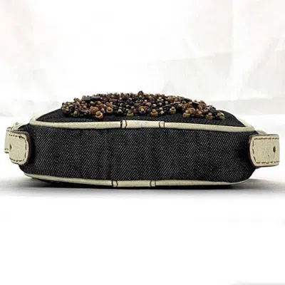 Pre-owned Loewe Navy White Denim Canvas Leather Wood Beads Pochette Shoulder Bag ()