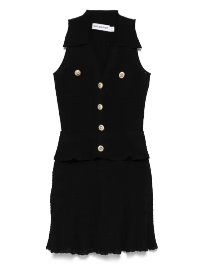 Self-portrait Pointelle-knit Mini Dress With Flap Pockets And Chain-link Accents In Black