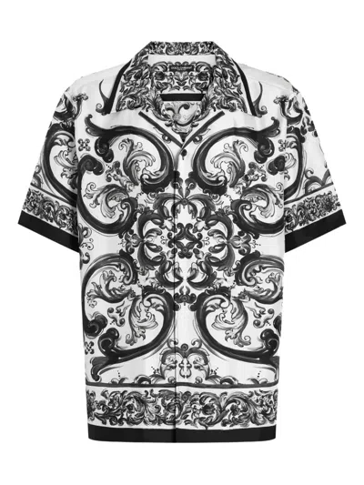 Dolce & Gabbana Maiolica Black And White Bowling Shirt With Cuban Collar And All-over Print In Silk Man In Black