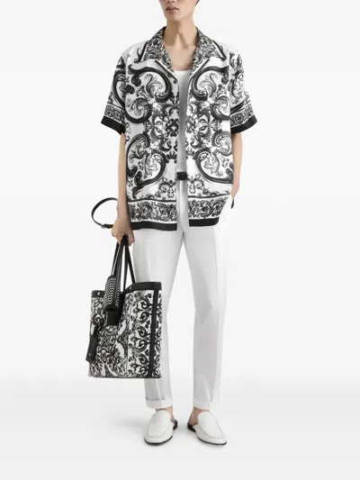 Dolce & Gabbana Maiolica Black And White Bowling Shirt With Cuban Collar And All-over Print In Silk Man In Black