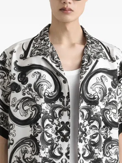Dolce & Gabbana Maiolica Black And White Bowling Shirt With Cuban Collar And All-over Print In Silk Man In Black