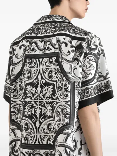 Dolce & Gabbana Maiolica Black And White Bowling Shirt With Cuban Collar And All-over Print In Silk Man In Black
