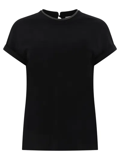 Brunello Cucinelli Short-sleeved T-shirt With Rolled Sleeves And Keyhole Detail In Black