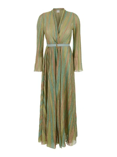 Forte Forte Multicolor Long Dress With Vertical Stripes Motif And Waist Belt In Tech Fabric Woman