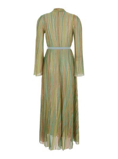 Forte Forte Multicolor Long Dress With Vertical Stripes Motif And Waist Belt In Tech Fabric Woman