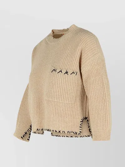 Marni Logo-embroidered Side-split Sweater In Brown