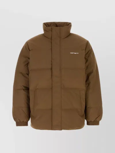 Carhartt Quilted High Collar Jacket With Front Pockets In Brown