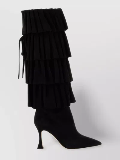 Manolo Blahnik Suede Miralone Boots With Pointed Toe And Ruffled Design In Black