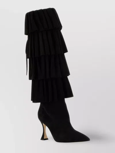 Manolo Blahnik Suede Miralone Boots With Pointed Toe And Ruffled Design In Black