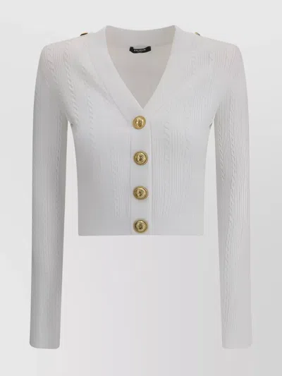 Balmain V-neck Cable Knit Cardigan With Gold-tone Buttons In White