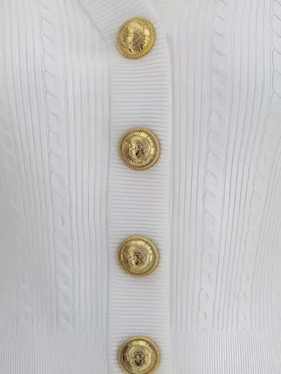 Balmain V-neck Cable Knit Cardigan With Gold-tone Buttons In White