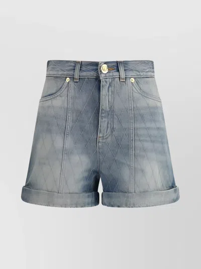 Balmain Rolled Hem Denim Shorts With Diamond Stitched Pattern In Blue