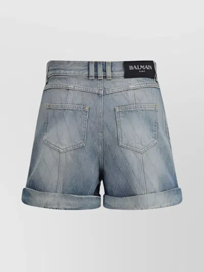 Balmain Rolled Hem Denim Shorts With Diamond Stitched Pattern In Blue