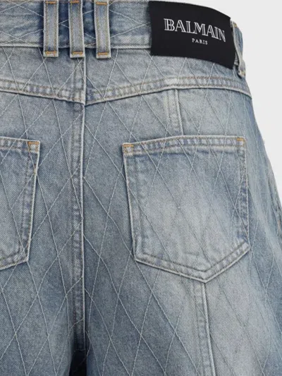 Balmain Rolled Hem Denim Shorts With Diamond Stitched Pattern In Blue