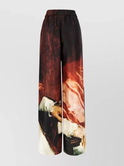 Alexander Mcqueen Silk Pants With Artistic Print And Wide Leg In Multi