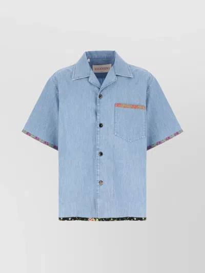 Valentino Garavani Denim Bowling Shirt With Floral Trim In Blue