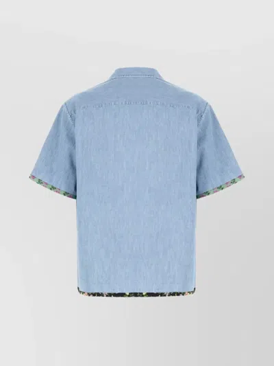 Valentino Garavani Denim Bowling Shirt With Floral Trim In Blue