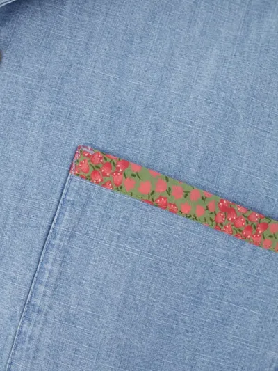 Valentino Garavani Denim Bowling Shirt With Floral Trim In Blue