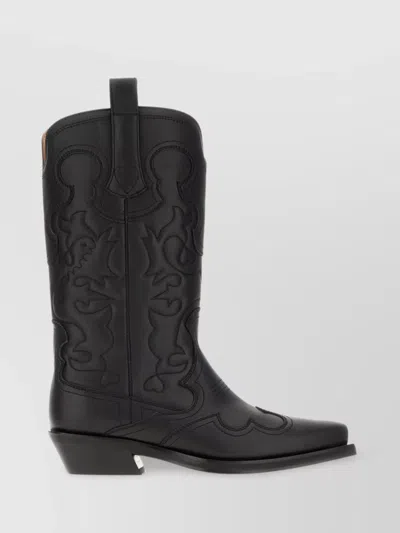 Ganni Embossed Design Mid-calf Stacked Heel Boots In Black