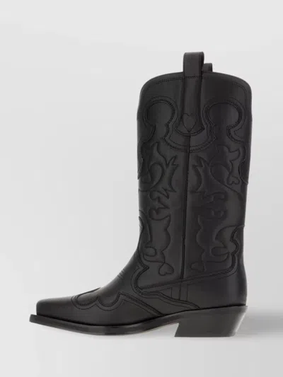 Ganni Embossed Design Mid-calf Stacked Heel Boots In Black