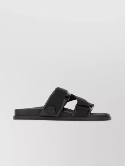 Moncler Black Leather And Fabric Sandals In Animal Print