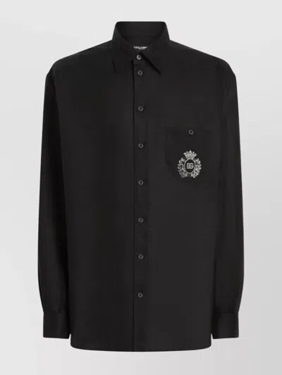 Dolce & Gabbana Linen Shirt With Heraldic Patch In Black
