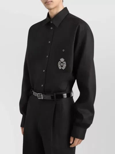 Dolce & Gabbana Linen Shirt With Heraldic Patch In Black