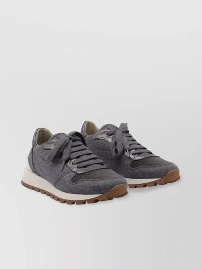 Brunello Cucinelli Runners In Techno Fabric And Calfskin With Precious Trim In Gray