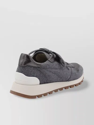 Brunello Cucinelli Runners In Techno Fabric And Calfskin With Precious Trim In Gray