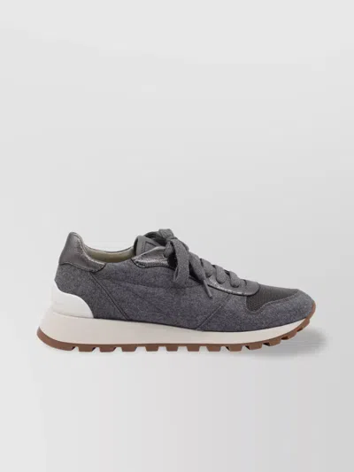 Brunello Cucinelli Runners In Techno Fabric And Calfskin With Precious Trim In Gray