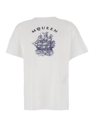 Alexander Mcqueen White Crewneck T-shirt With Logo Print On The Front In Cotton Man